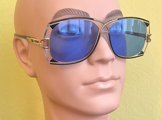 1980S Cazal Unisex Sunglasses Excellent Vintage Condition Bright Blue Lens Black & Gold Detail