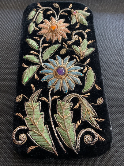 1920S Moroccan Wire Embroidered Eyeglass Case Set With Semi-Precious Stones
