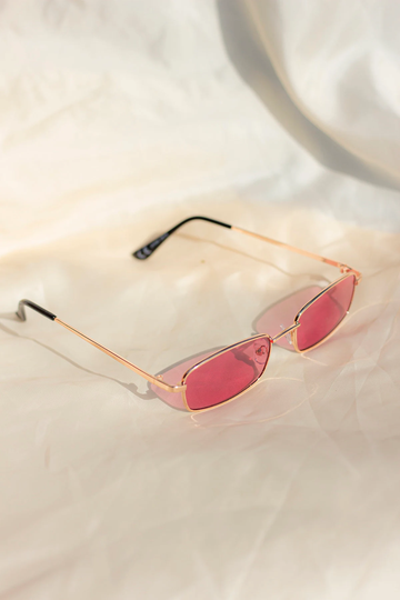 Pink Tint Rectangle Gold Wire Frame Sunglasses