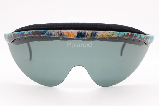 Polaroid 80S Vintage Visor Shield Sunglasses. Abstract Pattern Colour Burst Brow Line With Aerodynamic Monolens. Sick Fashion Mask. Nos