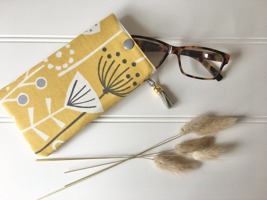 Yellow Scandi Glasses Case With Modern Floral Design & Grey Tassel, Ochre Glasses Case Tassel, Soft Yellow