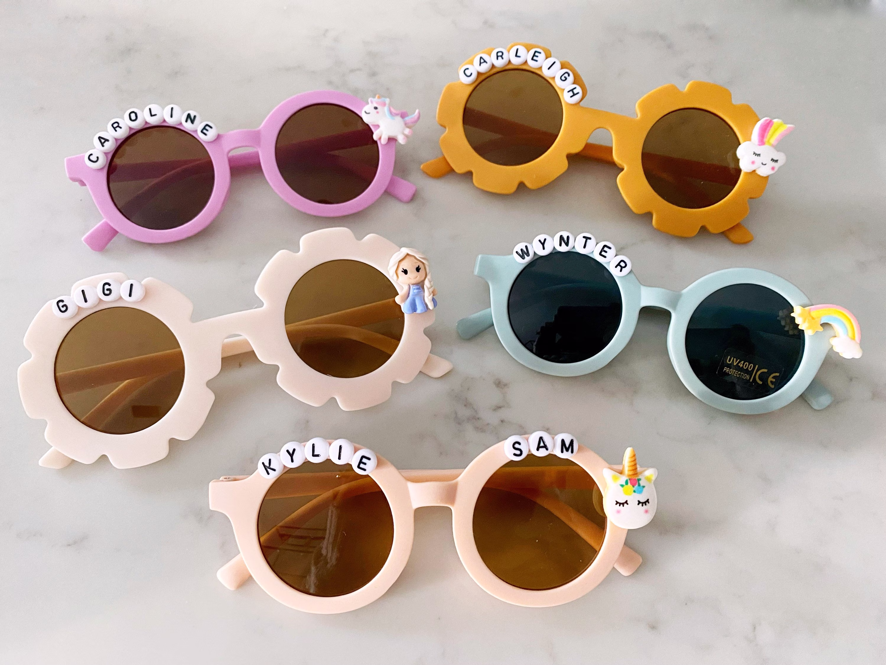 Personalized Name Unicorn Princess Sunglasses For Kids Children Toddler Babies Cute Round Pastel Rainbow Shades