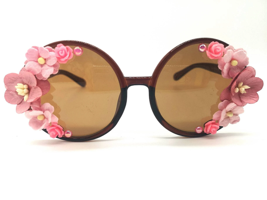 Ladies Brown & Pink Big Round Flower Sunglasses Vintage