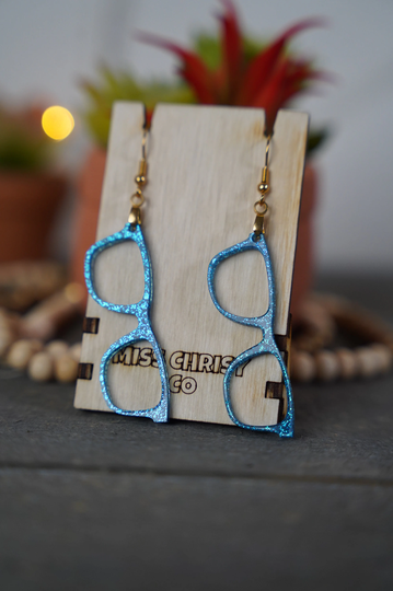 Eyeglass Earrings Acrylic Glitter Blue Optical - 925 Stainless Steel Free Shipping