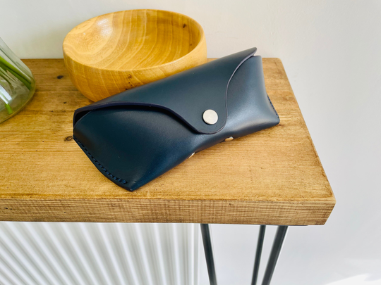 Personalised Dark Blue Leather Sunglasses Case, Handmade Glasses Pouch, Birthday Gift For Him, Her