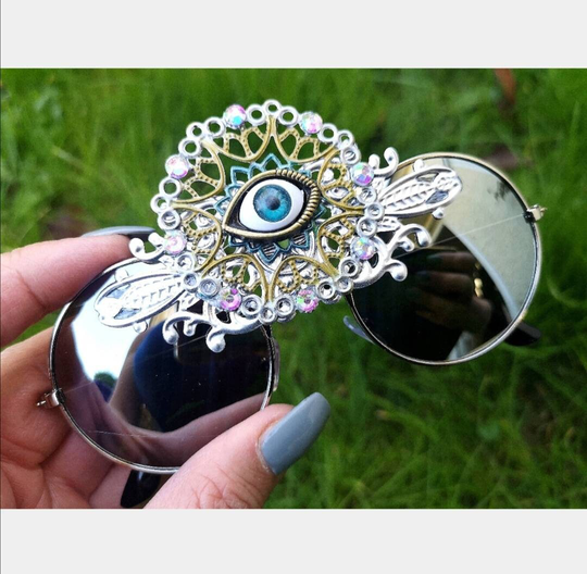 Silver Metallic Festival Rave Third Eye Round Funky Clothing Accessories Sunglasses Unisex
