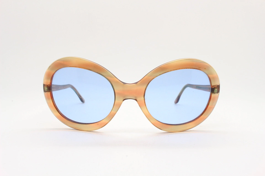60S Oversized Round Sunglasses By La Riviera. Awe Striking Womens Transparent Brown Frame With Sky Blue Glass Lenses. 70S