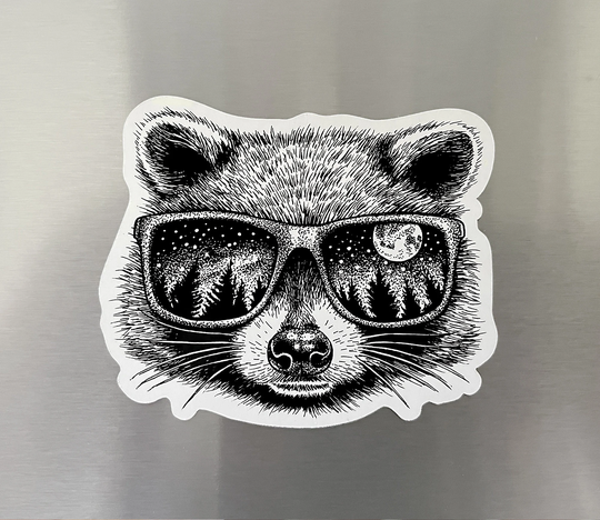 Raccoon Sunglasses Magnet, Pen & Ink Illustration, Funny Animal Nature Art, Moon, Vinyl Magnet