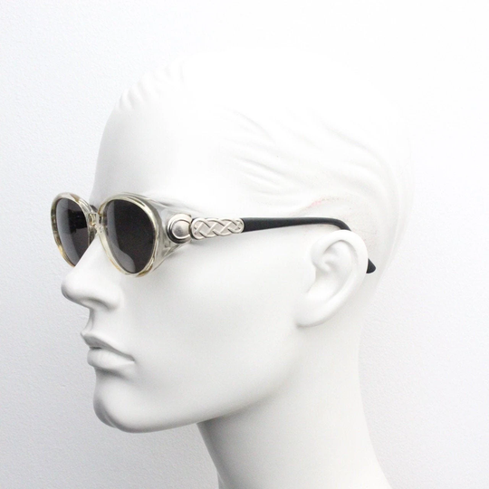 90S Vintage Cat Eye Sunglasses. Oval Transparent Curved With Big Crest & Contrasting Black Arms Lenses. Rave De Luxe. Nos