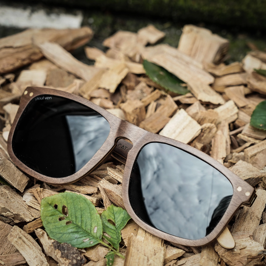 Paul Ven Walnut Wood Flat Top Sunglasses. White Polarised Sunglasses, Engraved Wooden Personalised Sunglasses
