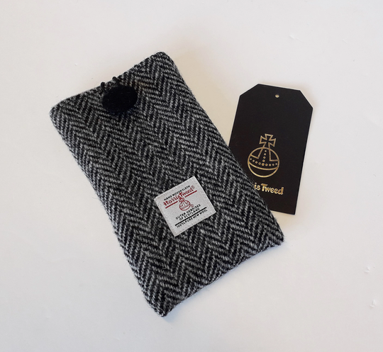 Harris Tweed Glasses, Phone Case/Black & Grey Herringbone Handmade in Scotland