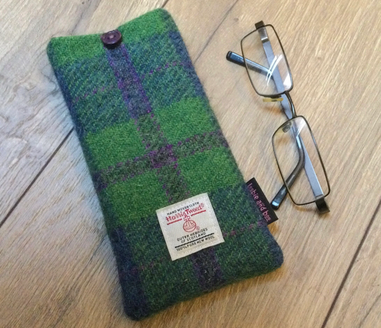 Green & Purple Check Harris Tweed Glasses Case, Mens Specs Tweed Man Gift, Father's Day, Gift For Dad, Grandad