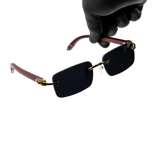 Mens Black Tint Retro Vintage Gold Frame Rimless Woodgrain Hip Hop Sunglasses