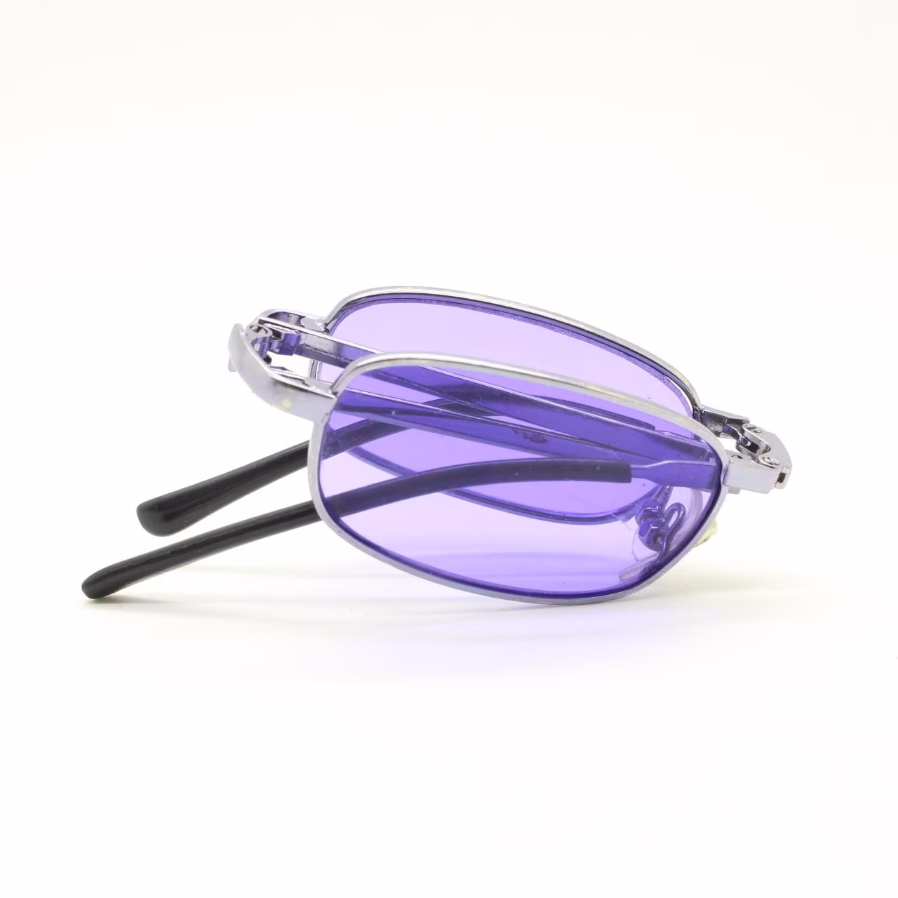 Y2K Micro Foldable Rectangular Sunglasses. Purple Lenses in A Matching Small Folding Compact Frame. Folder. Rave 2000S. 90S Nos