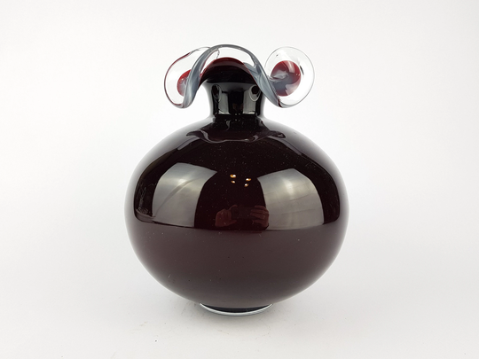 Vintage Eggplant Colored Blown Glass Cased Art Ruffle Edges Vase With White Interior 1960S 1970S