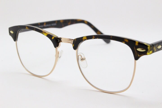 90S Vintage Clubmaster Style Glasses. Tortoise Browline Gloss Half Frame Eyeglasses With Gold Underwire. Mens 50S, 60S Clear Lens