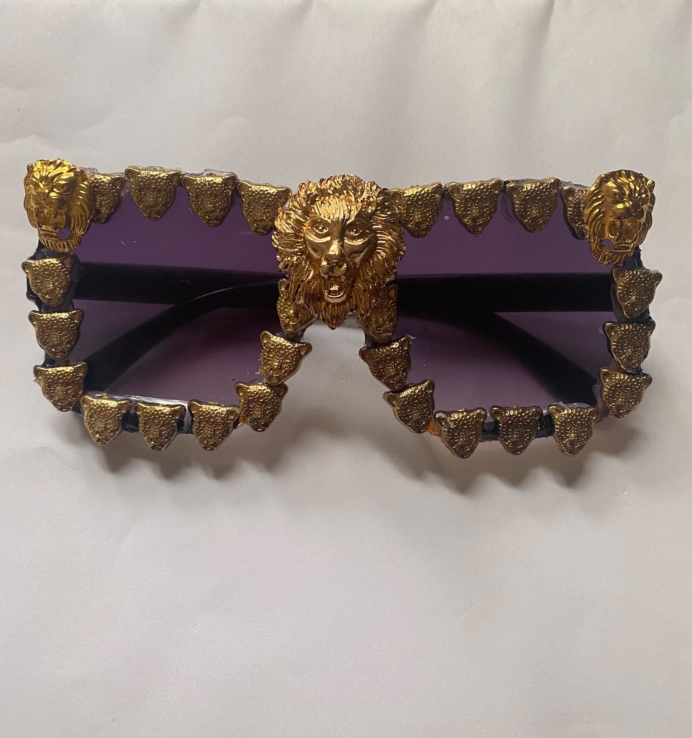 Oversize Sunglasses Hand Embellished With Gold Lion Coin Earrings & Jaguar Buttons