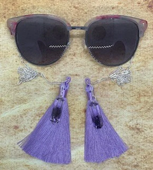 Armless Floral Clubmaster Chain Jewelry Sunglasses W/Silver Paperclip W/Purple Flower Crystals & Purple Tassels As Anchors