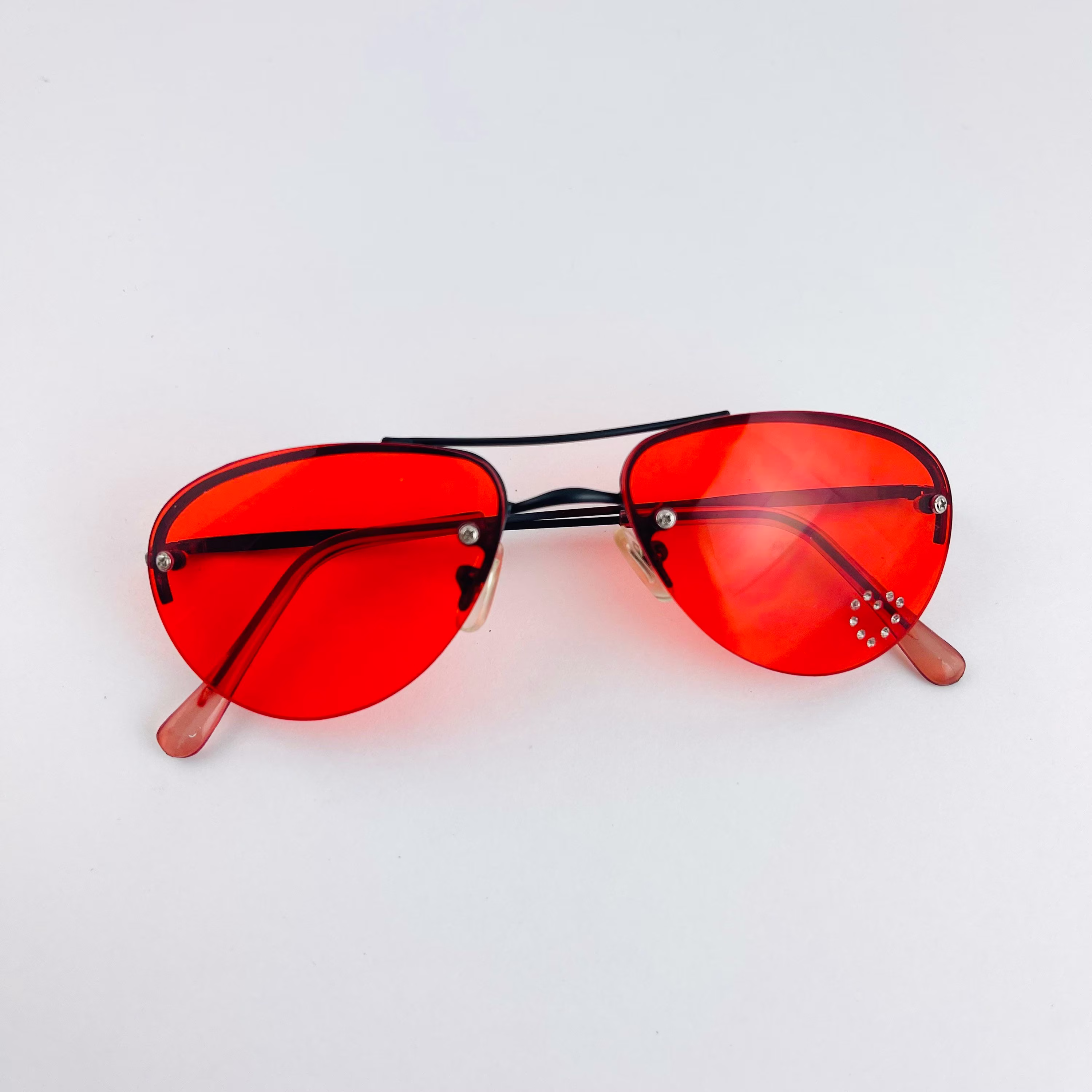 Authentic Y2K Red Rimless Rhinestone Sunglasses/2000S Aviator Sunglasses