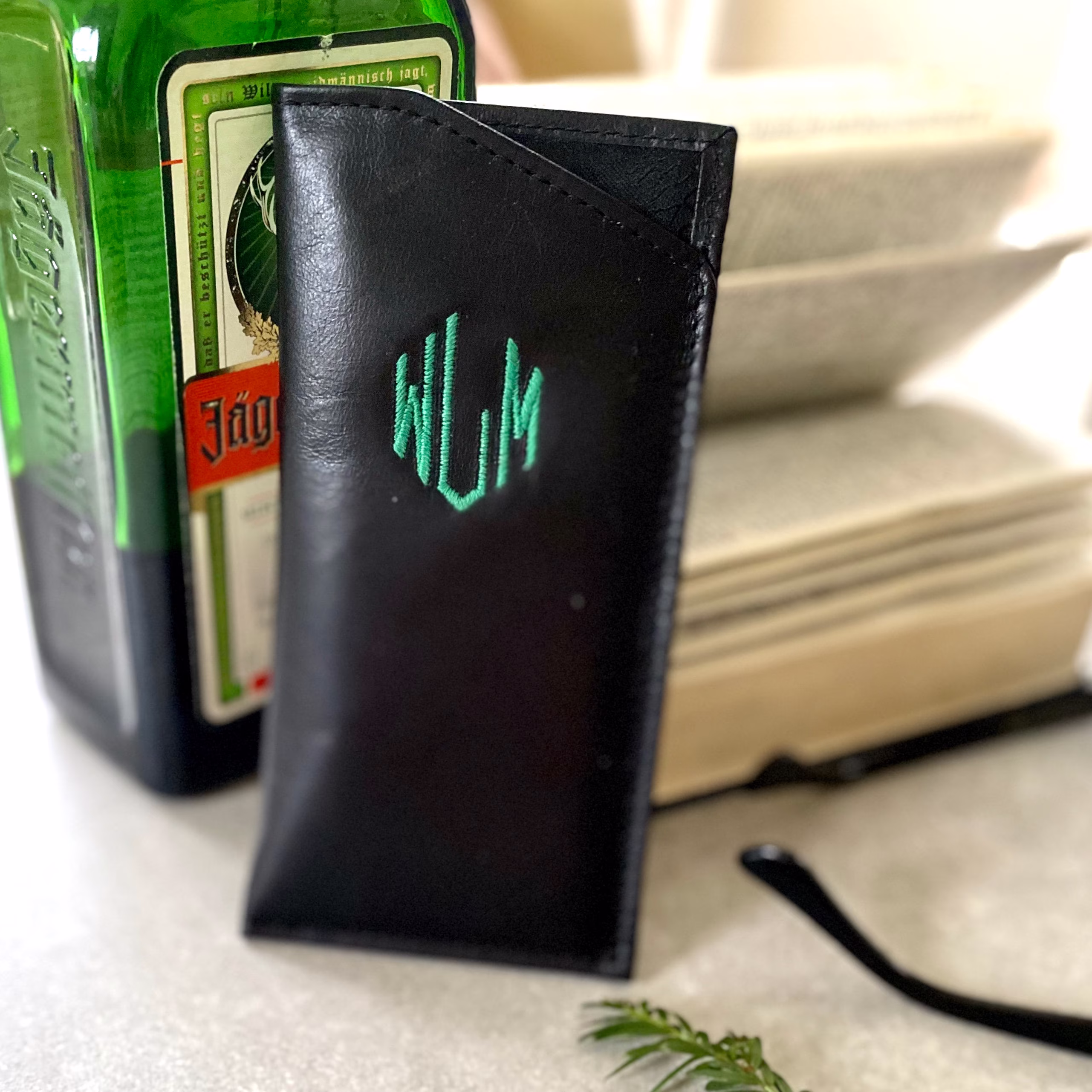 Embroidered Initials Silk Lined Leather Glasses Case