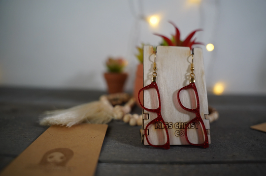 Eyeglass Earrings Acrylic Glitter Red Optical 925 Stainless Steel