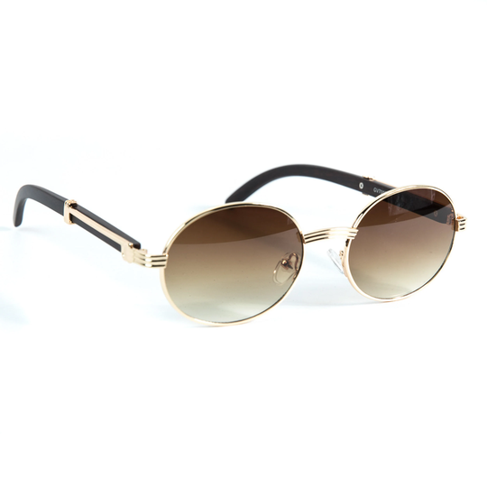 Mens Vintage Gold Frame Rimless Wood Grain Hip Hop Brown Tint Retro Round Sunglasses