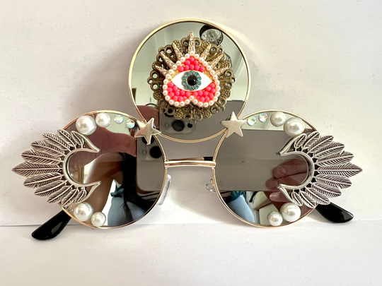 Silver Embellished Third Eye Three Lens Metal Sunglasses