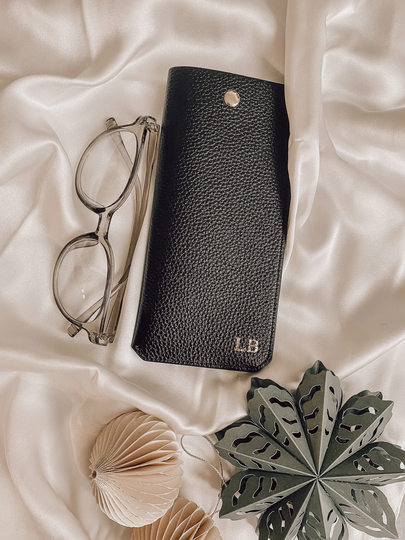 Pebble Leather Glasses Case. Personalised Black Gifts