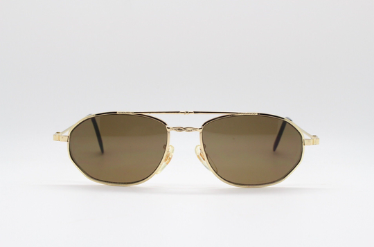 90's Vintage Double Bridge Refined Aviator Sunglasses. Angular Gold Metal Oval Frame With Brown Lenses. Nos