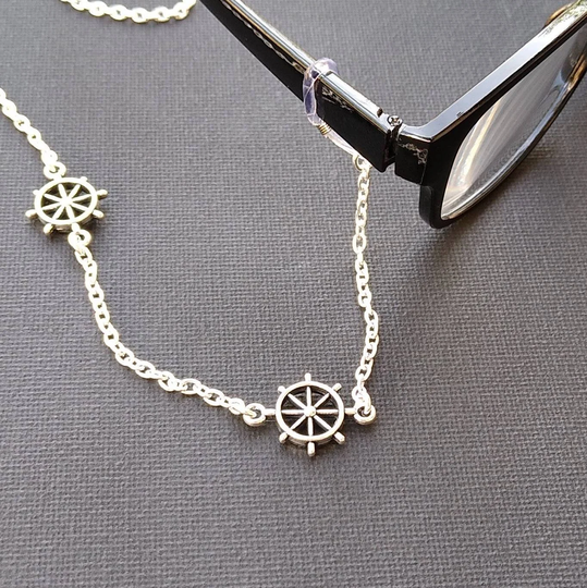 Ship's Wheel Eyeglass Chain ~ Nautical Reading Glasses Lanyard Spectacle Holder Silver Charm Retainer Free Shipping