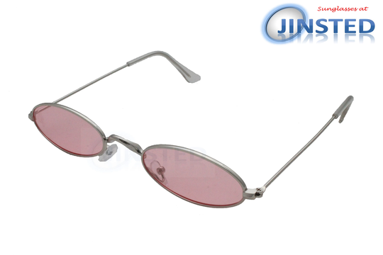 Adult Modern Oval Sunglasses Pink Tinted Lens Silver Frame Uv400 Protection Aov003