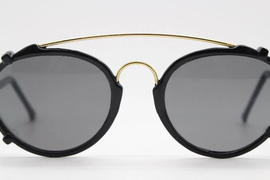 90S Stylised Vintage Sunglasses. Black Round Double Bridge Glasses With Gold Arched Brow Bar. Unused Nos