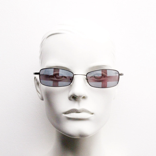 90S Vintage England Sunglasses. Rectangular Gunmetal Grey Frame With Vivid St George Flag. Unused Nos. Brit Pop Girl Power