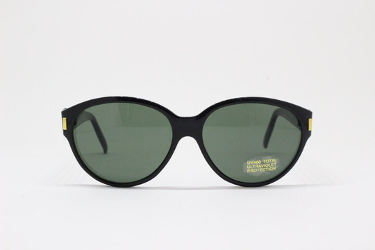80S Big Black Cat Eye Vintage Sunglasses. Black Gloss Rounded Frame With Green Lenses. Rockabilly Cats Eye. Unused Nos