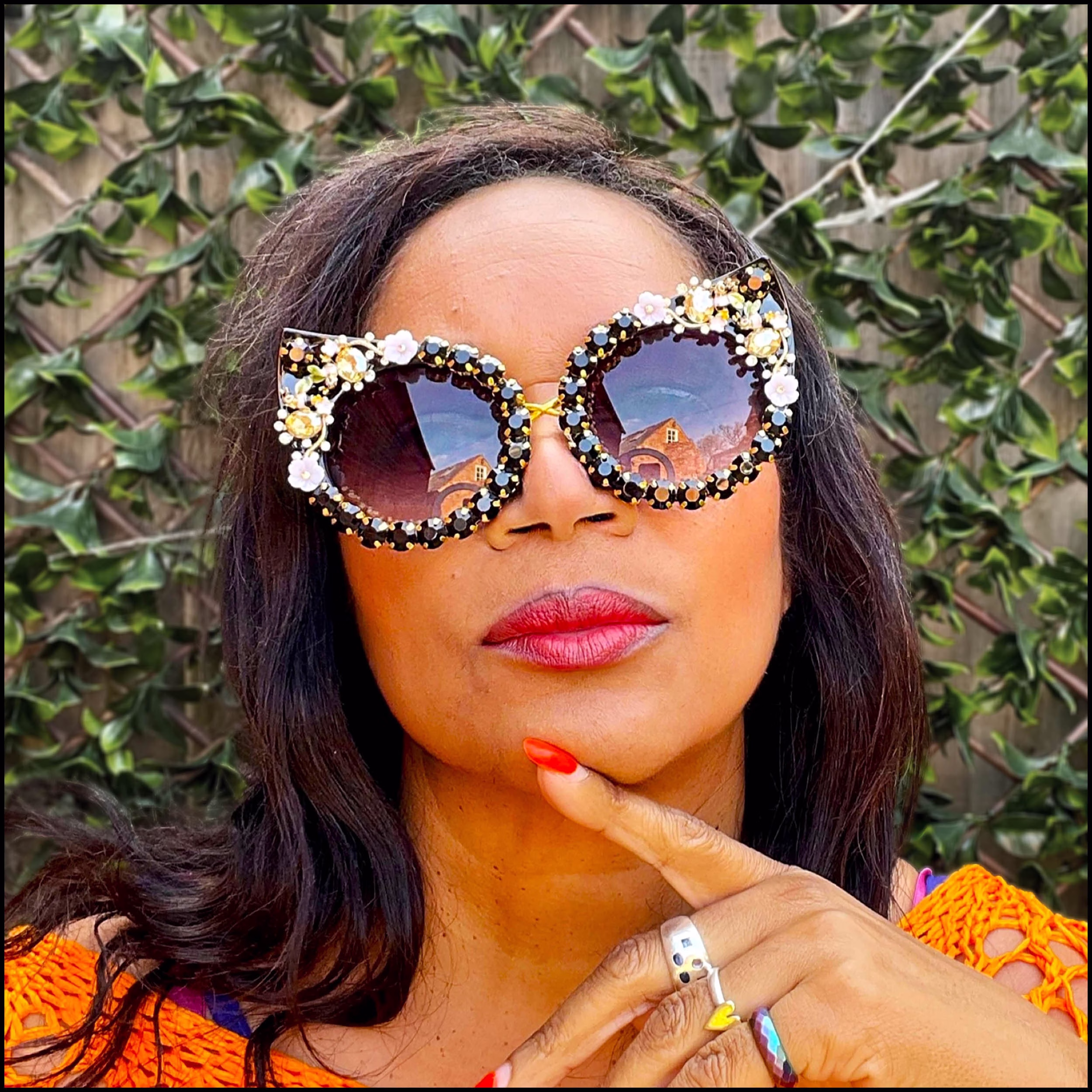 Black Embellished Cats Eyes Sunglasses, Oversize Eyewear, Summer Festival Sunnies With Retro Rhinestones & Crystals, Floral Bling Shades