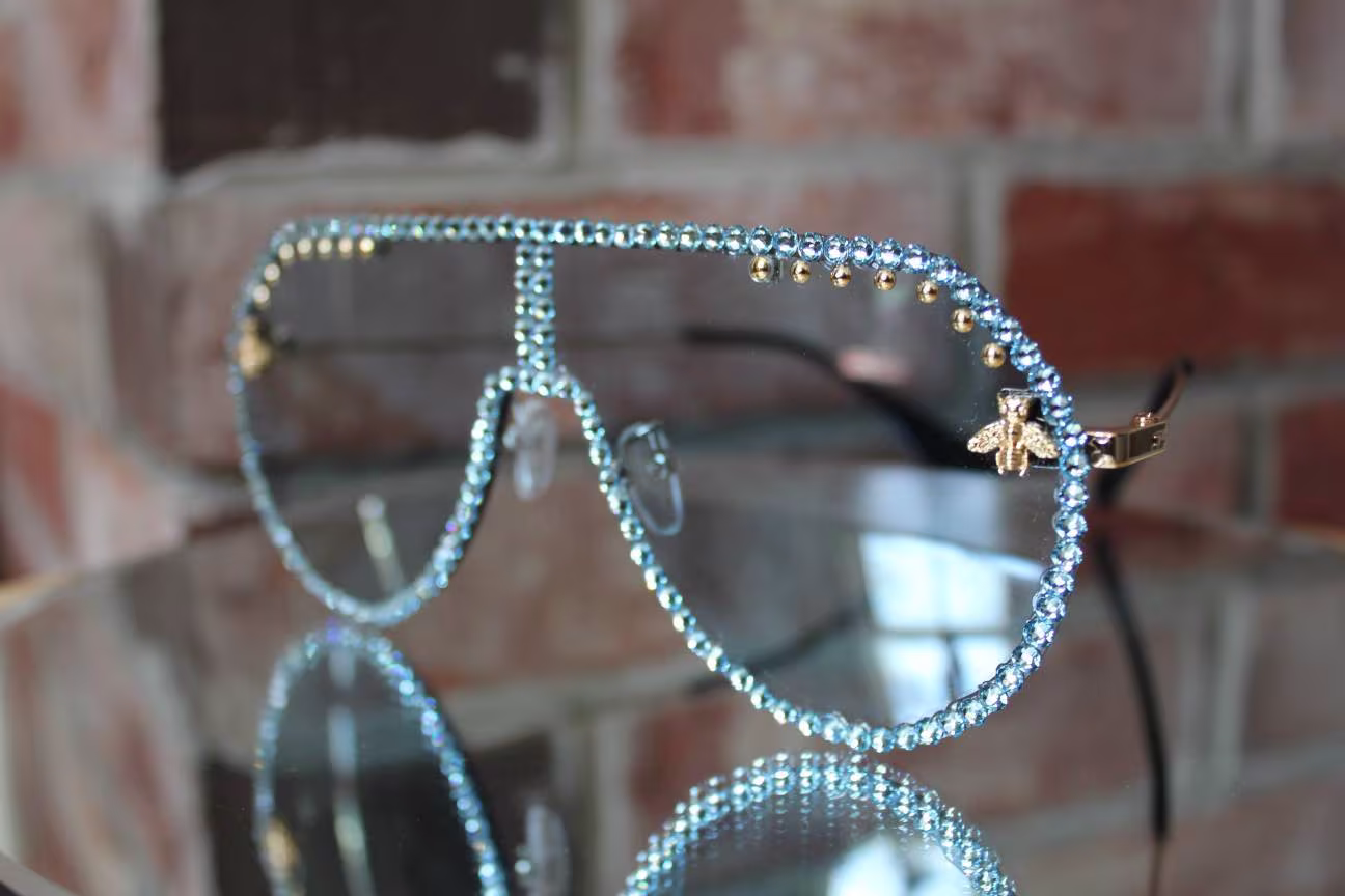 Sky Blue & Gold Adult Aviator Style Sunglasses - Faceted Glass Rhinestones Funky Glasses Weird Decorated Festival