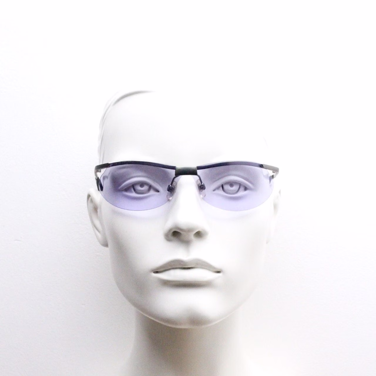 Y2K Vintage Sport Shield Sunglasses. 2000's Half Frame Wraparound Aerodynamic Mini Mask Visor With Purple Bug Eye Lenses. 90S 00S Unused Nos