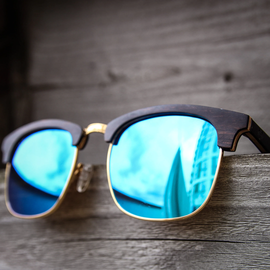 Ebony Wooden Clubmaster Sunglasses With Blue Mirrored Lenses, Wood Sunglasses, Polarised Unisex