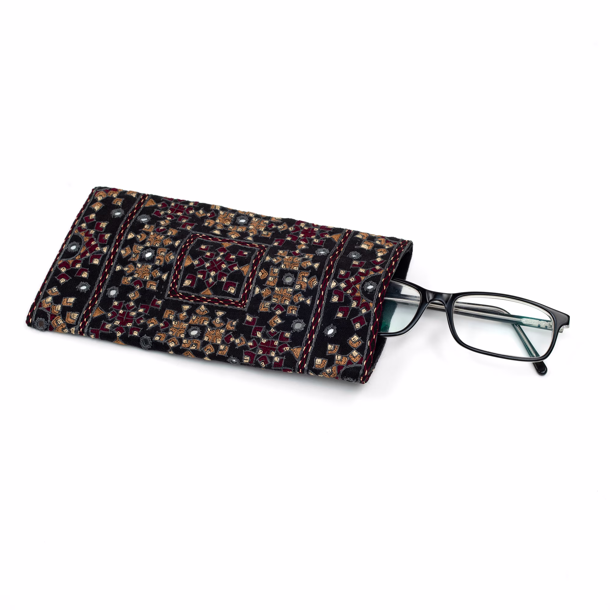 Glasses Case - Dark Purple & Beige Embroidery On Black