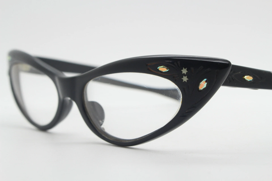 50S Vintage Pointed Cat Eye Glasses. Womens Black Acetate Cateye Optical Frame With Ornate Stars & Studs Detail. Rockabilly Eyeglasses