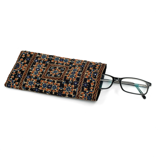 Glasses Case - Ochre & Blue Embroidery On Black