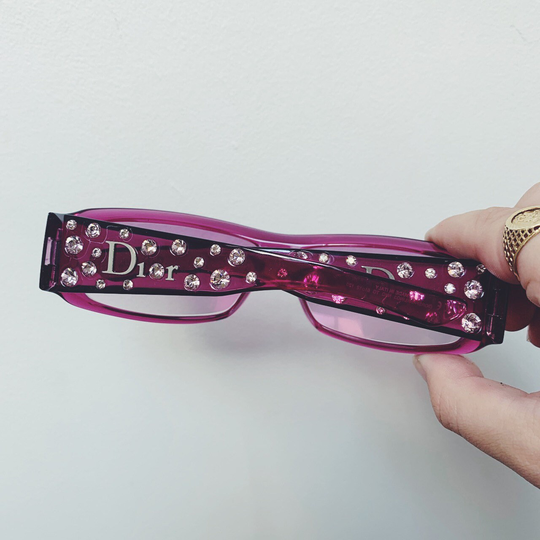 Vintage Dior Rectangular Pink Purple Sunglasses With Spell Out Logo & Swarvoski Crystals On Arms