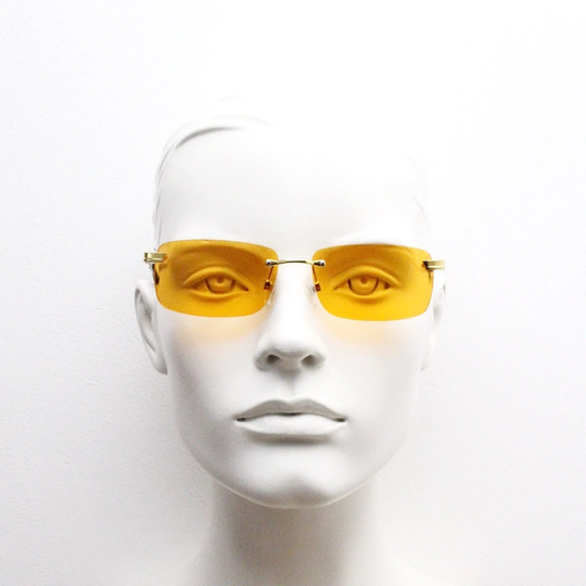 Y2K Vintage Frameless Orange Sunglasses. Rectangular Lenses With Gold Bridge & Arms. 2000S Club Kids. 00's. 90S Rave