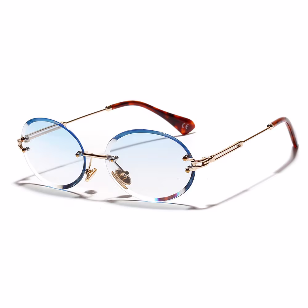 Men's Round Baby Blue Tint Retro Gold Frame Hip Hop Rimless Sunglasses