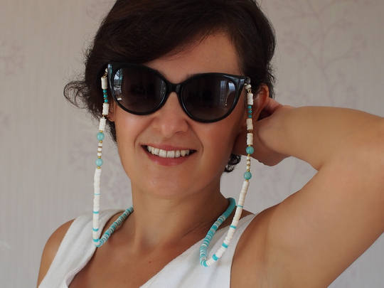Turquoise Beaded Sunglasses Strap, Blue Heishi Lanyard, Gift For Her, Fimo Chain, Eyewear Jewelry