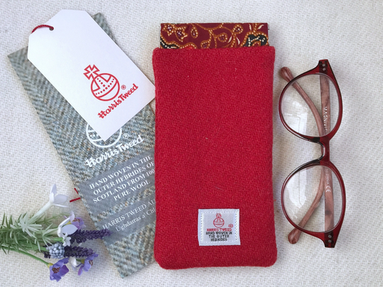 Bright Red Harris Tweed Sunglasses Or Reading Glasses Wallet With Snap Closure, Gift For Her