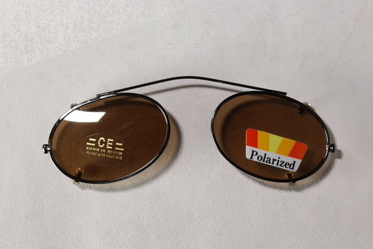 Vintage Polarized Early 90's Unworn Lacquered Chrome Oval Clip-On Sunglasses Shades Sun Cover Shields With Brown Lenses
