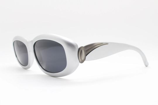 90S Vintage Silver Space Age Sunglasses. Chunky Curved Rectangular Frame With Black Lenses. Unused Nos