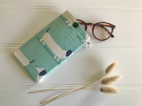 Blue Sausage Dog Glasses Or Sunglasses Case With Silver Coloured Paw Print Charm, Soft Cotton Fun Dachshund Design