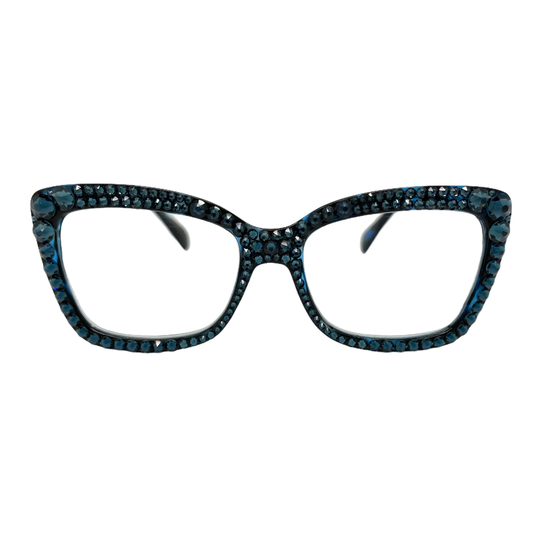 Navy Square Rhinestone Reading Glasses With Crystal Montana Swarovski Elements